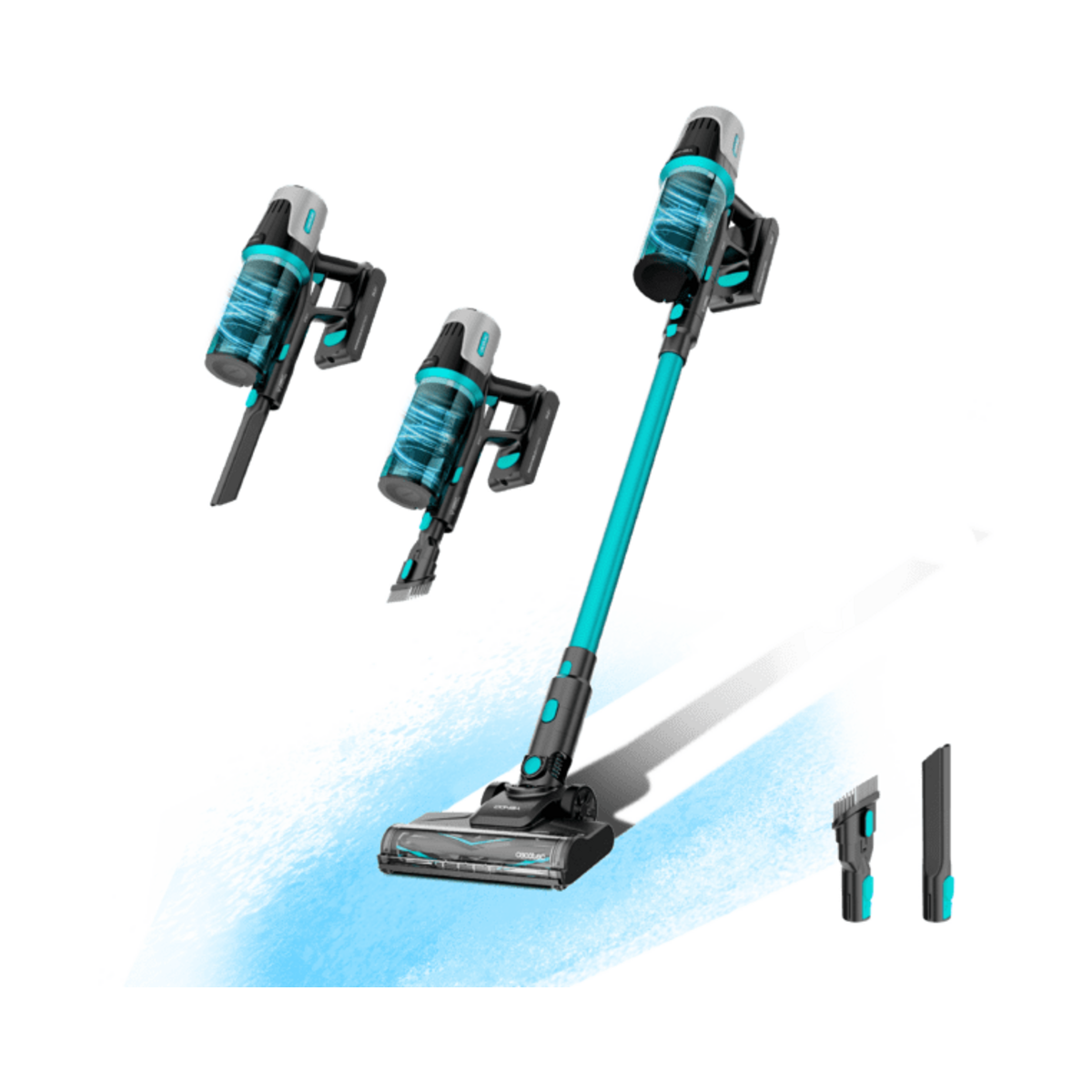 A cordless stick vacuum cleaner shown with its floor head, two handheld attachments, and a cleaning brush attachment on a white background with a light blue splash graphic.