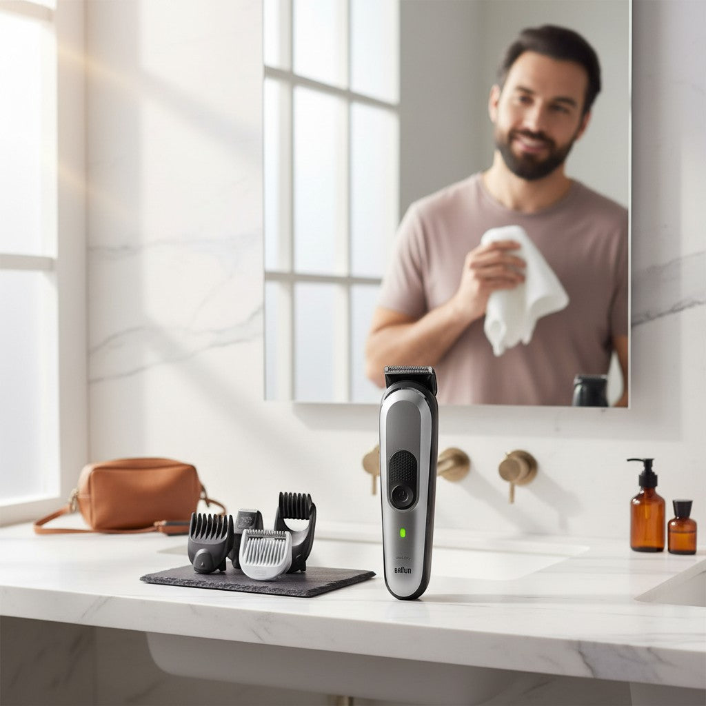 Braun All-in-One Style Kit Series 7 MGK7420 trimmer with multiple attachments on a bathroom counter. A man is reflected in the mirror holding a towel.