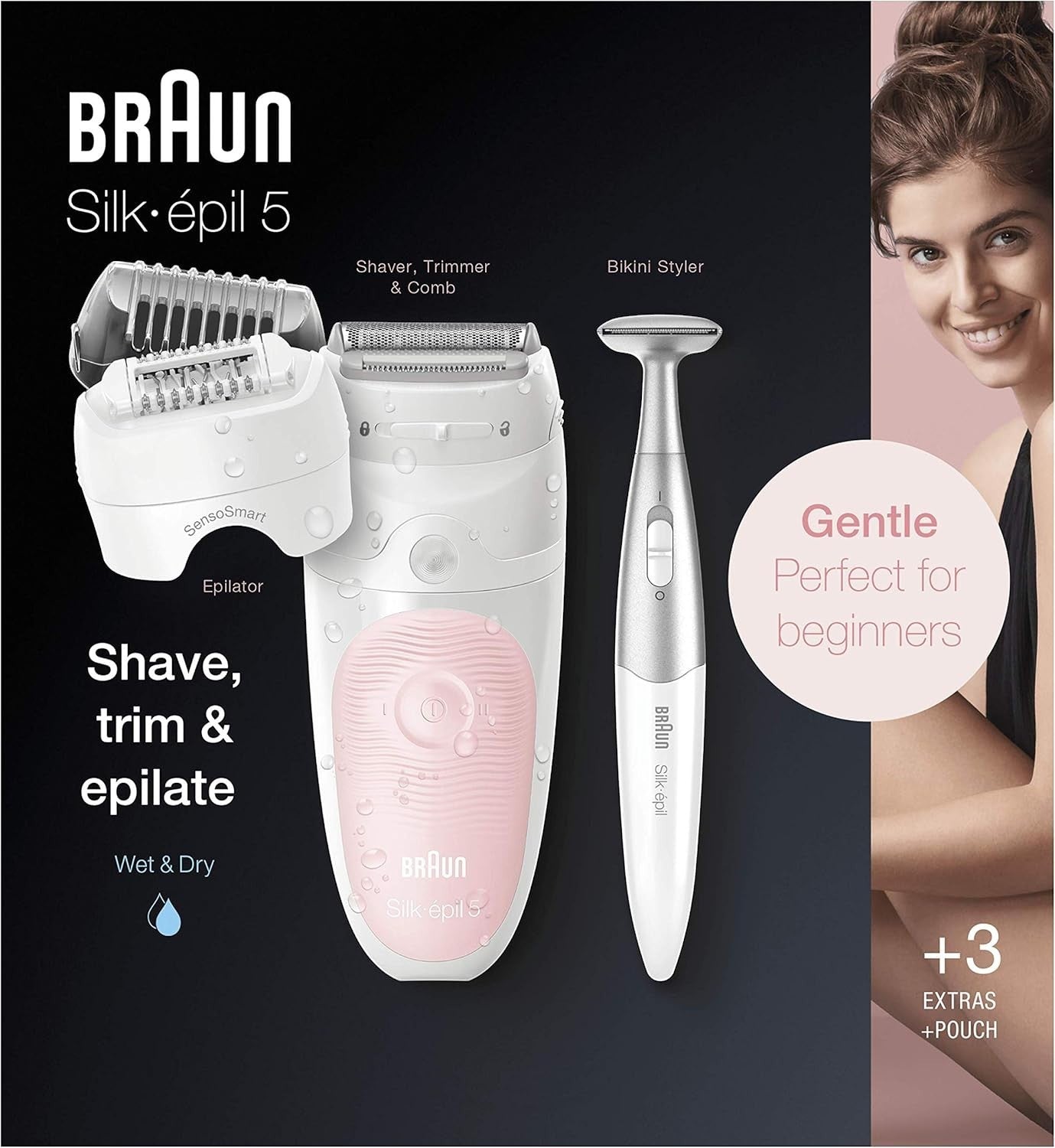 Braun Silk-épil 5 Wet & Dry epilator with shaver, trimmer, and bikini styler attachments. Gentle for beginners.