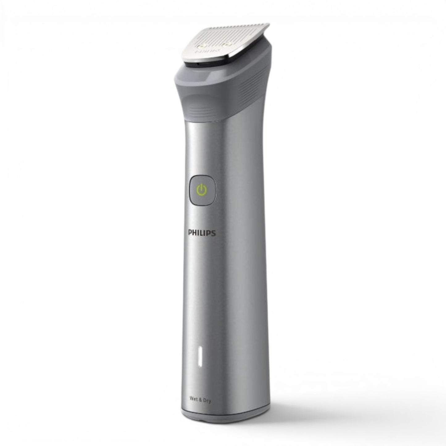Taghareed Philips All-in-One Trimmer Series 5000 MG5923/15, silver metal body, 12 attachments for beard, hair, body, and nose/ear trimming.