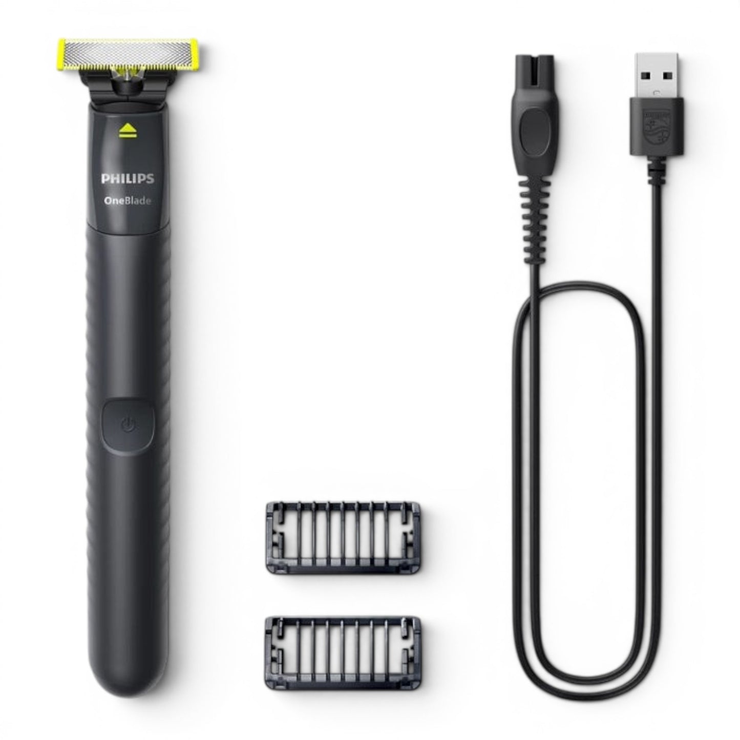 Taghareed Philips OneBlade QP1424/10 electric shaver with USB charging cable and two comb attachments.
