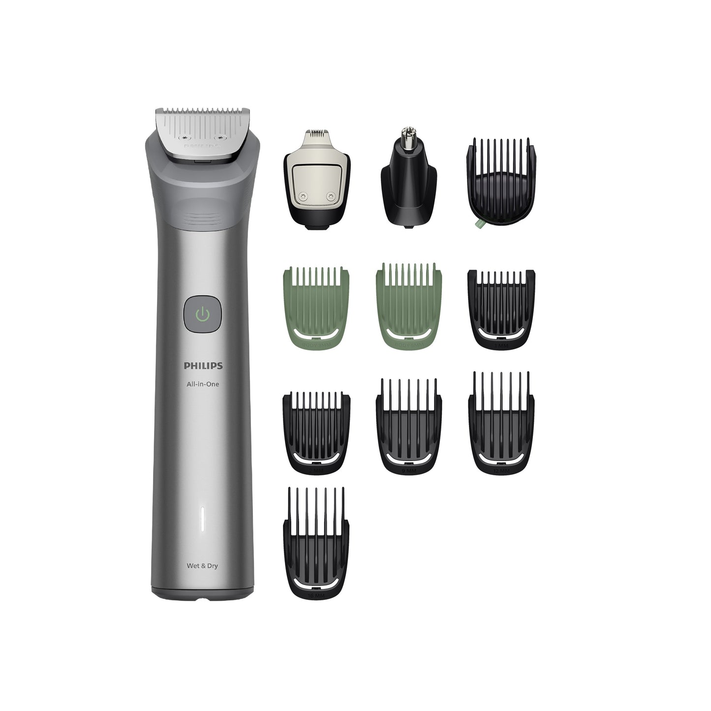 Taghareed Philips All-in-One Trimmer Series 5000 MG5923/15 with 12 attachments for beard, hair, body, and nose/ear trimming. Features Self-Sharpening Steel blades and Wet & Dry use.