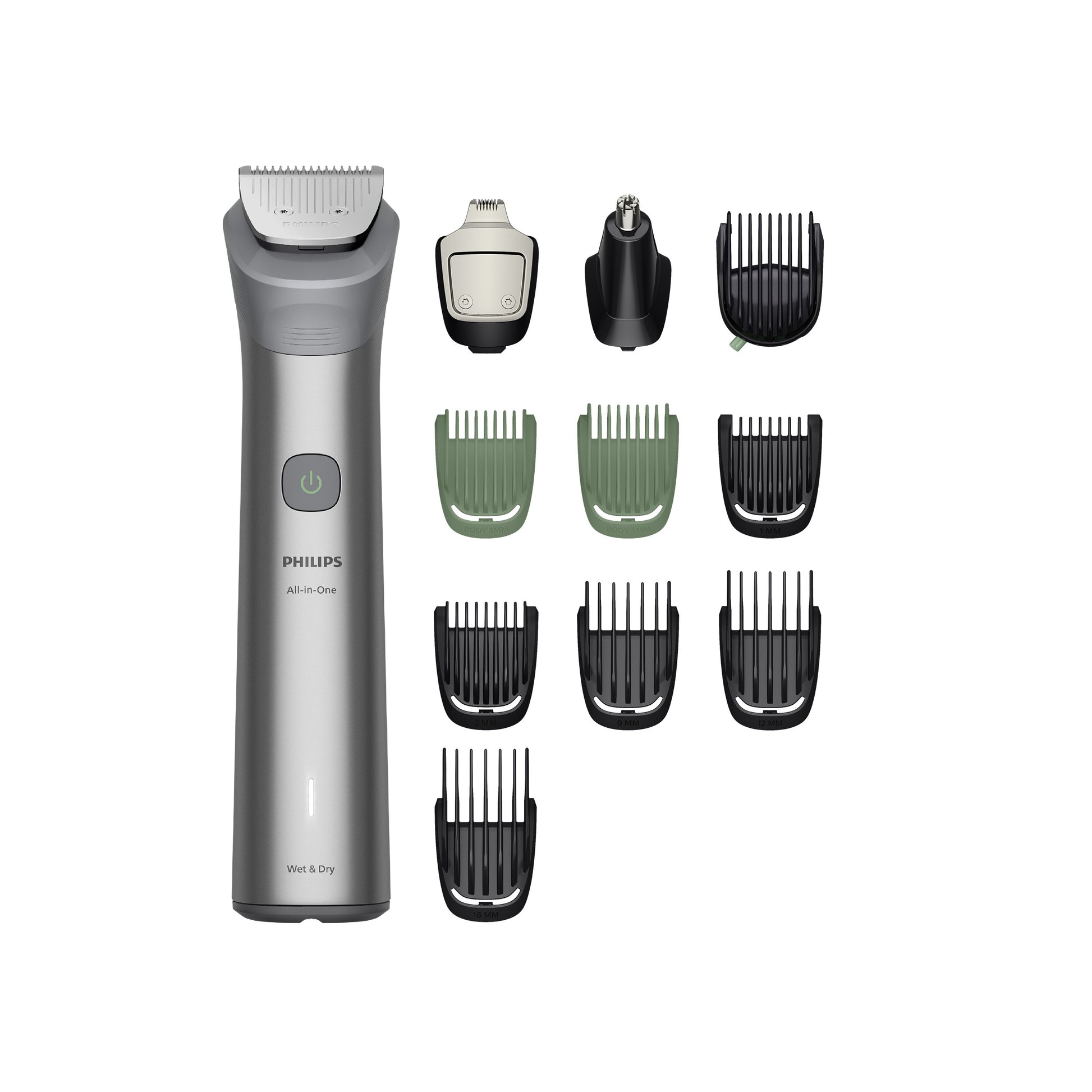 Taghareed Philips All-in-One Trimmer Series 5000 MG5923/15 with 12 attachments for beard, hair, body, and nose/ear trimming. Features Self-Sharpening Steel blades and Wet & Dry use.