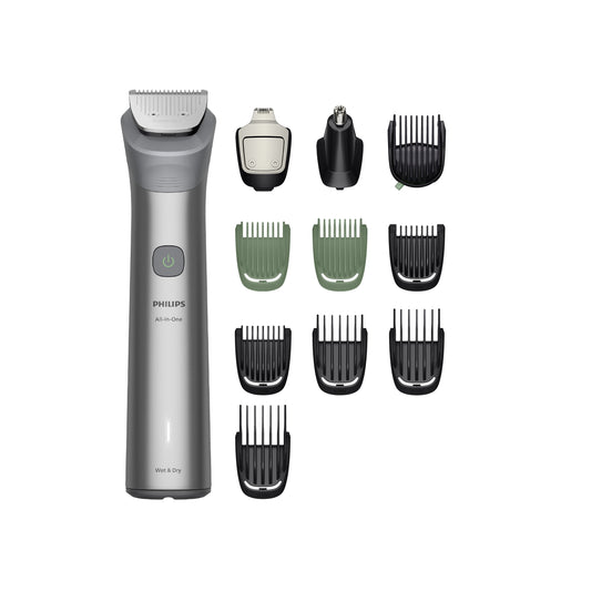 Taghareed Philips All-in-One Trimmer Series 5000 MG5923/15 with 12 attachments for beard, hair, body, and nose/ear trimming. Features Self-Sharpening Steel blades and Wet & Dry use.
