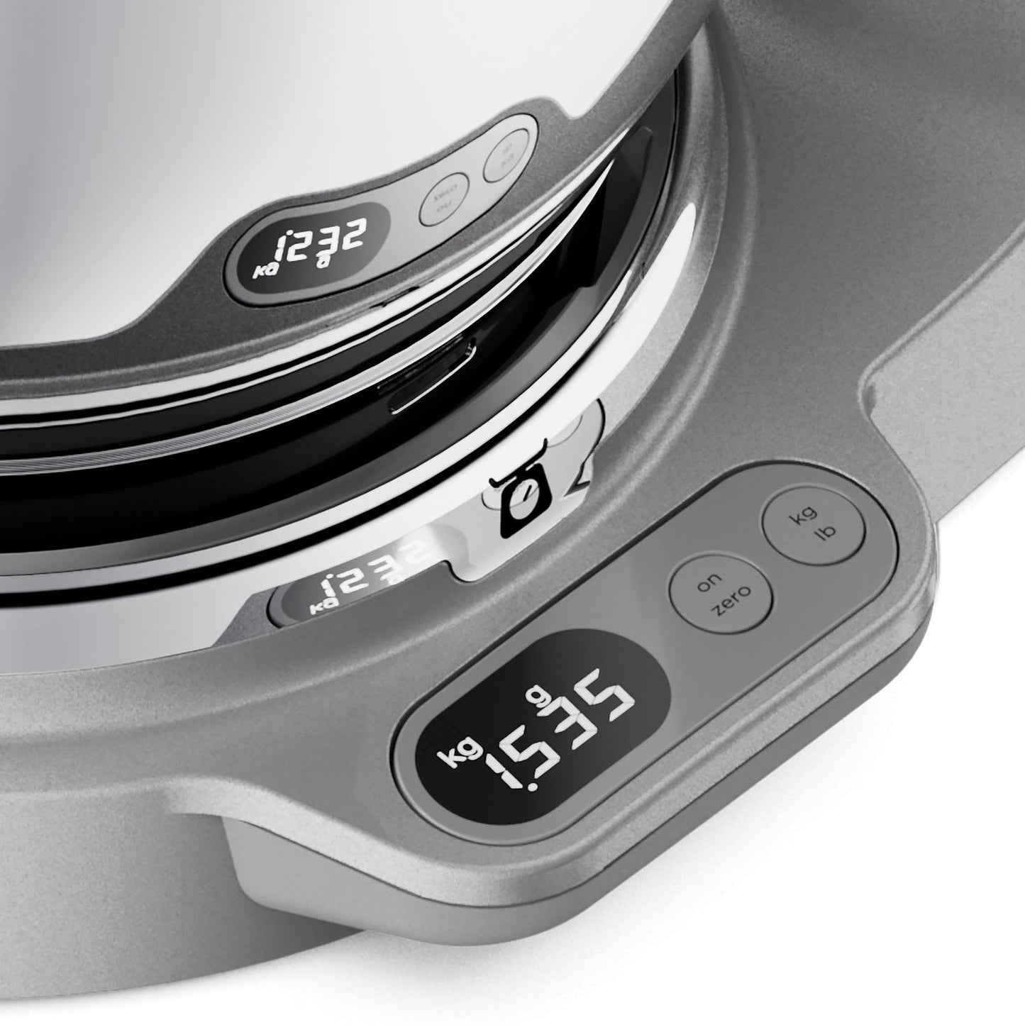 Digital kitchen scale with digital display on a white background