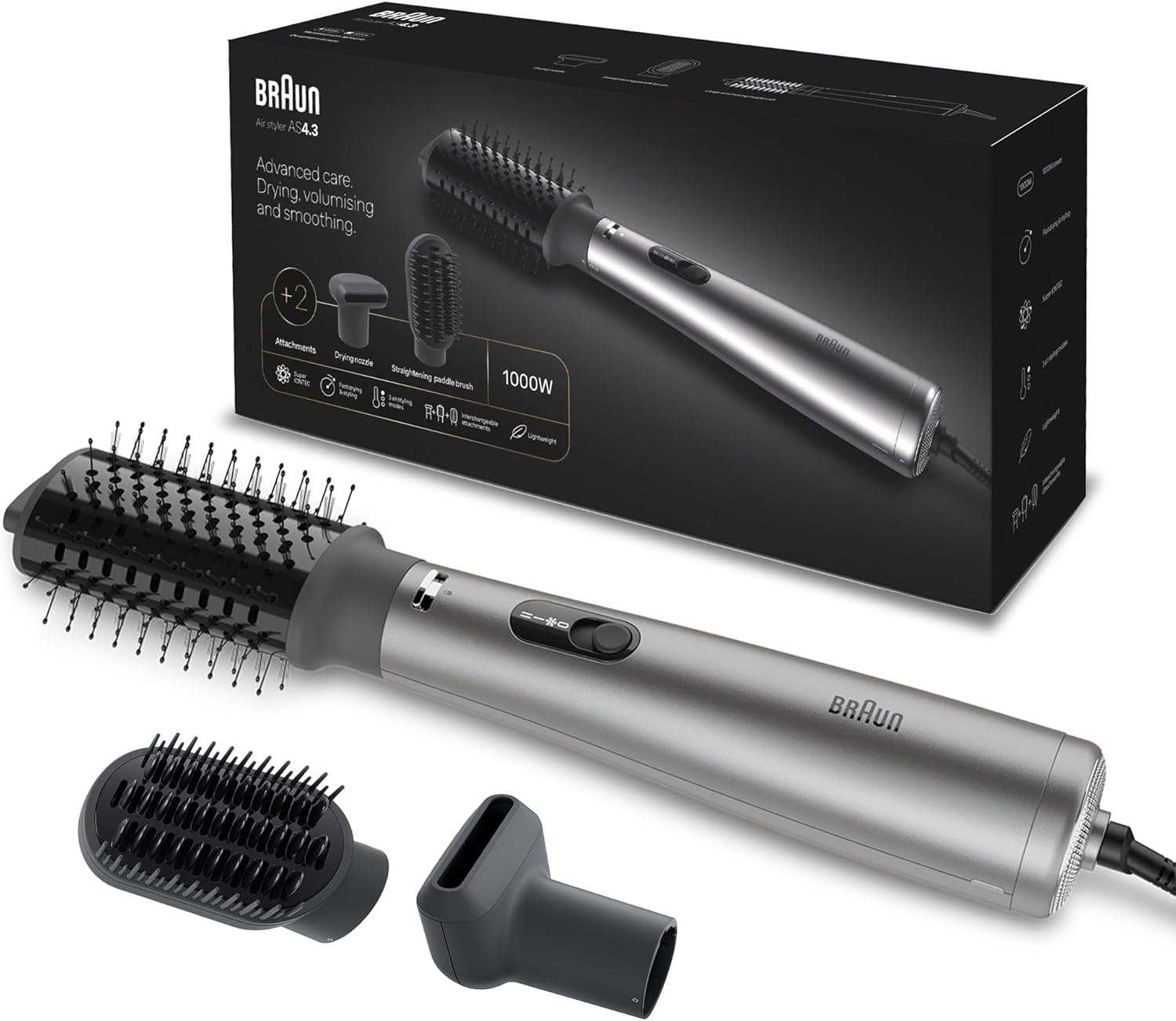 Braun Air Styler AS4.3 hair styler with paddle brush, drying nozzle, and concentrator. Silver and black.