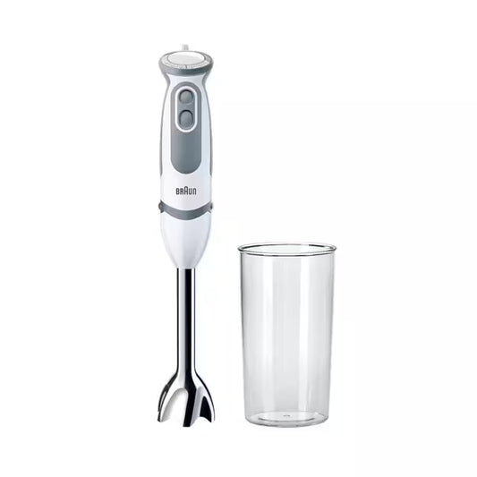 Taghareed Braun MultiQuick 5 hand blender in white and grey with 21 speeds and stainless steel blade, includes a 600ml plastic beaker.