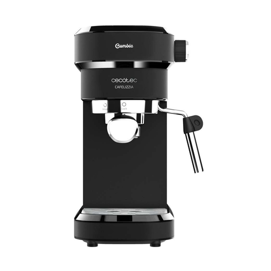 A black Cecotec Cafezzia espresso machine with a chrome-plated portafilter holder and steam wand, shown against a plain white background.