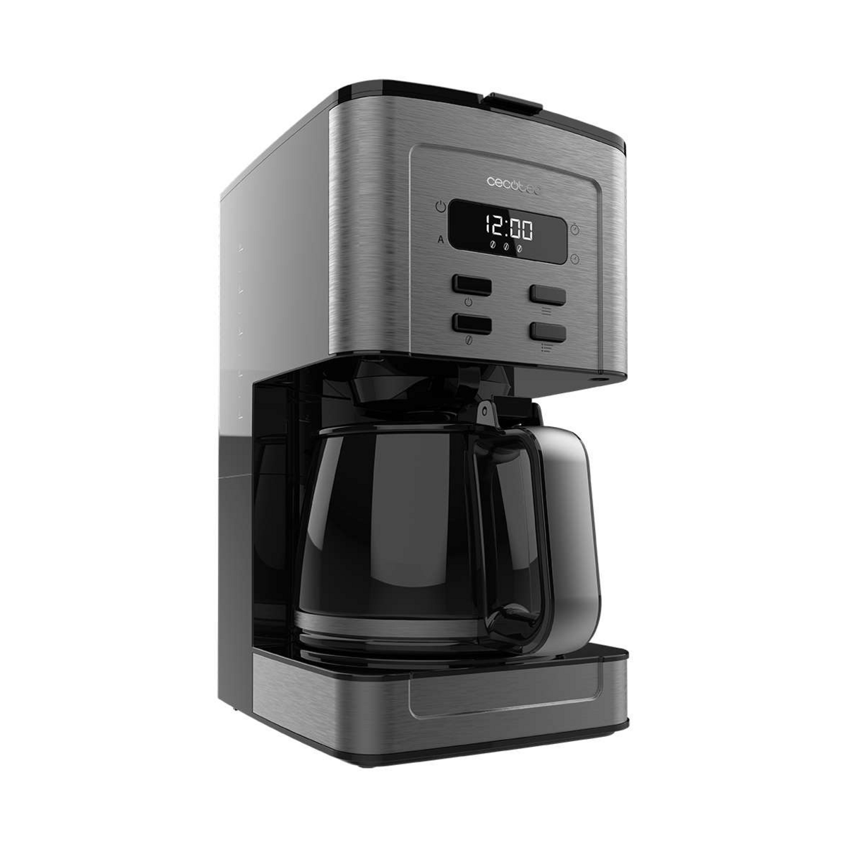 A modern drip coffee maker with a brushed stainless steel body, black glass carafe, and digital display showing 12:00, set against a plain white background.