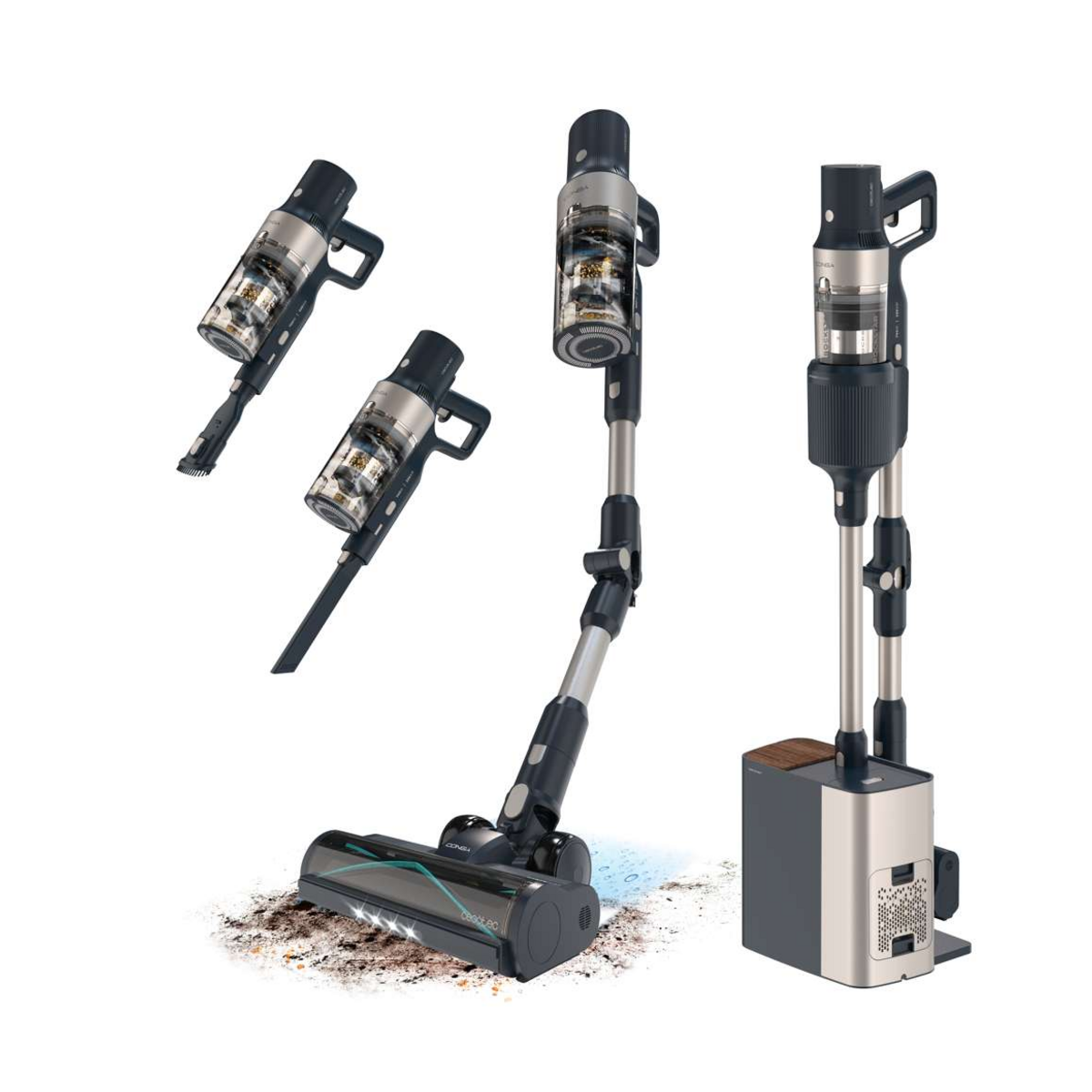 A cordless stick vacuum cleaner shown in multiple views on a white background, including the main upright with floor head, two alternate head attachments, and the charging base.