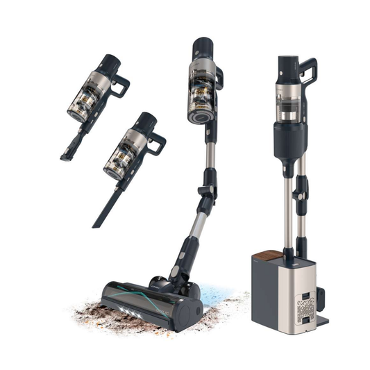 A cordless stick vacuum cleaner shown in multiple views on a white background, including the main upright with floor head, two alternate head attachments, and the charging base.