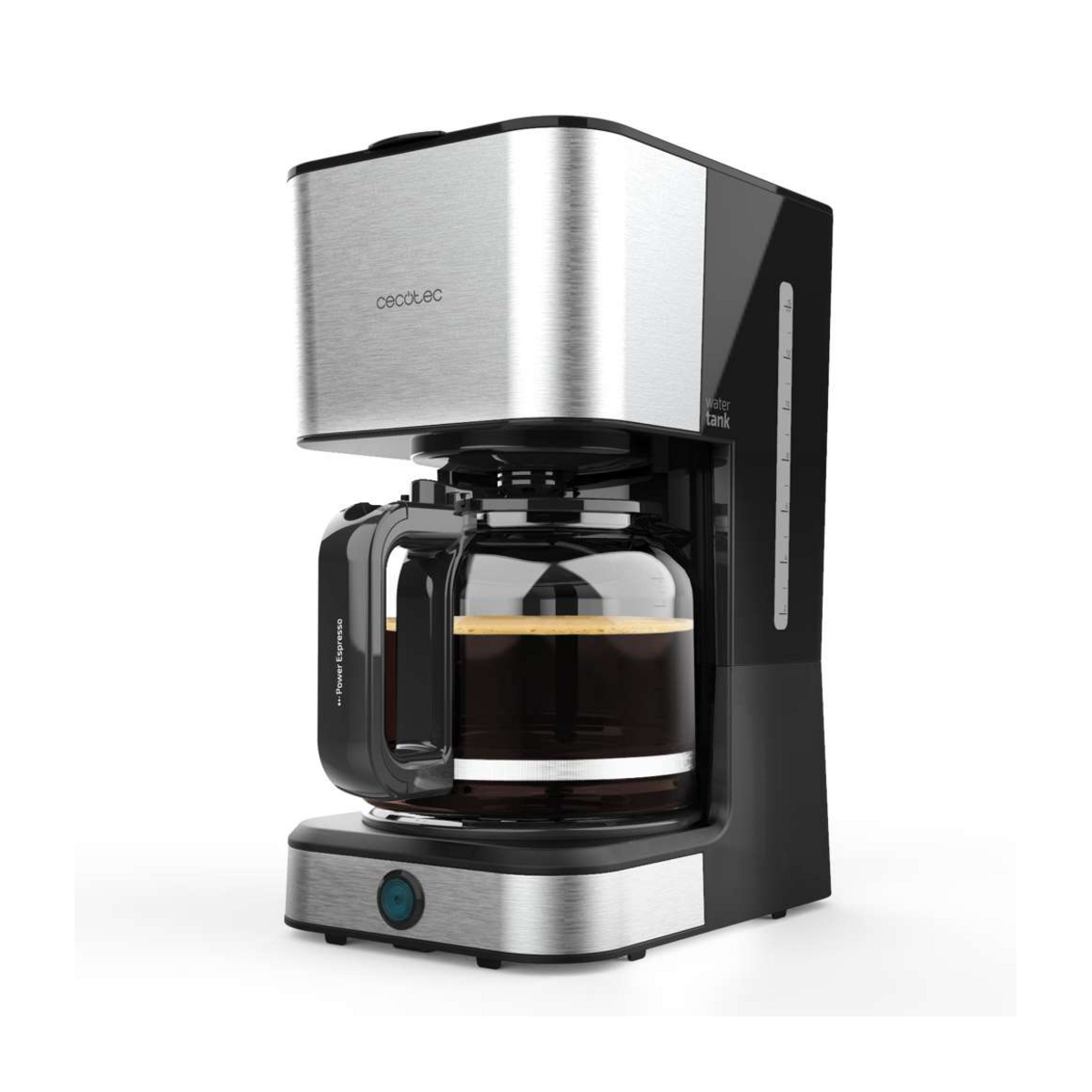 A countertop coffee maker with a brushed stainless steel upper body and base, black side panels, and a clear glass carafe containing dark coffee. The brand name 'ONCOOLUC' is visible on the front.