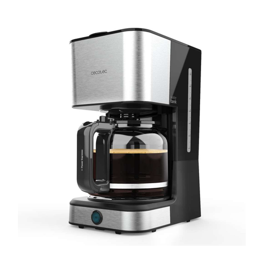 A countertop coffee maker with a brushed stainless steel upper body and base, black side panels, and a clear glass carafe containing dark coffee. The brand name 'ONCOOLUC' is visible on the front.