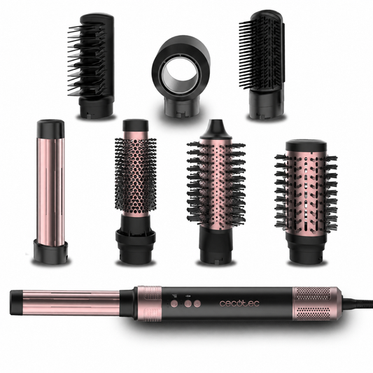 A 9-piece hair styling brush attachment set in rose gold and black, including various round, barrel, and flat brush heads, displayed on a clean white background.