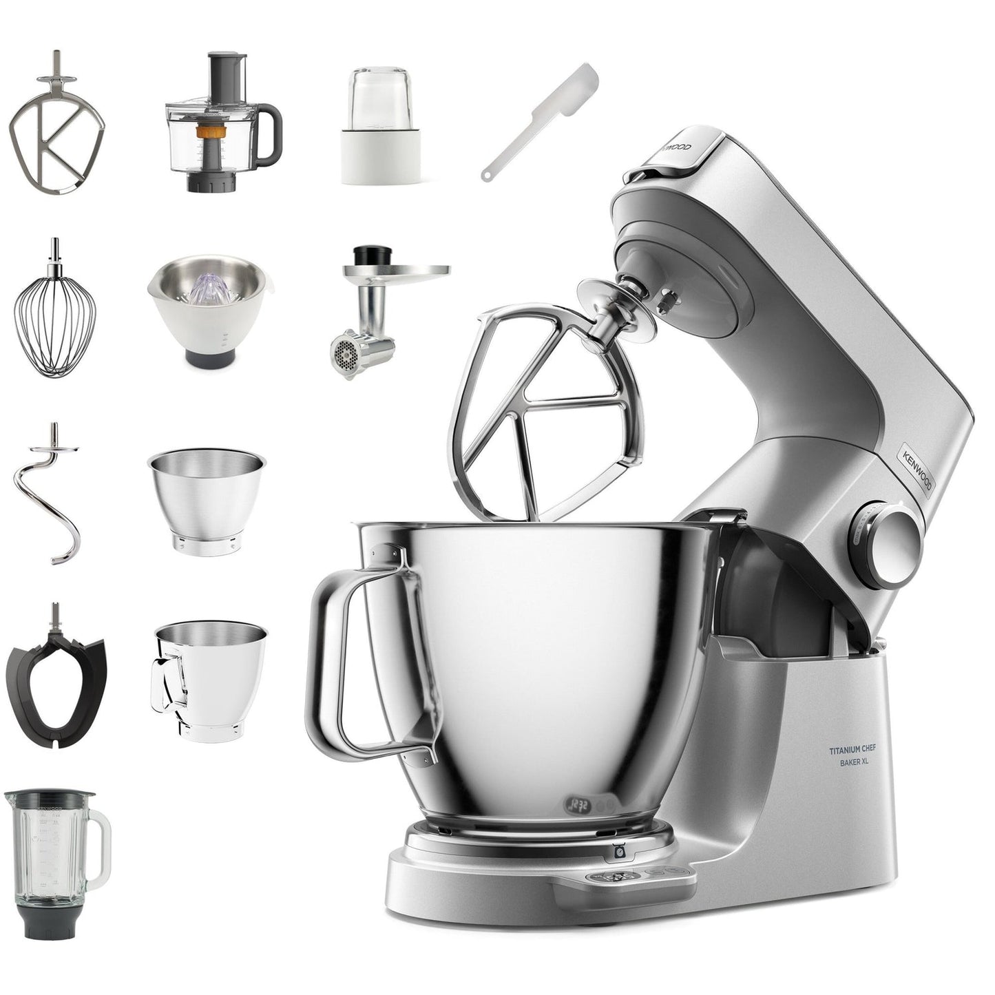 Kitchen stand mixer with various attachments on a white background