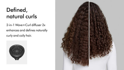 A hair styling product listing showing a dark brown curly hair diffuser on the left and a before/after split view of long, defined curly hair on the right. Text on the left reads 'Defined, natural curls' and describes the 2-in-1 wave and curl diffuser.