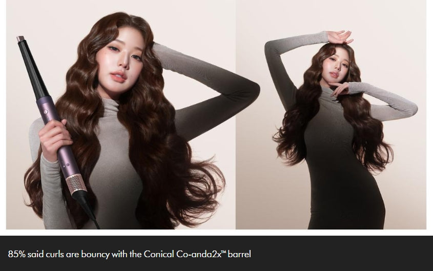 A split-panel beauty advertisement showing a woman with long, wavy brown hair modeling a curling iron. On the left, she holds the curling iron in one hand while posing with the other arm behind her head.