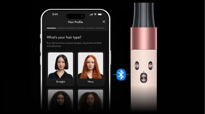 A hair profile app shown on a smartphone screen next to a rose-gold and black hair styler device with a Bluetooth symbol between them, on a black background.