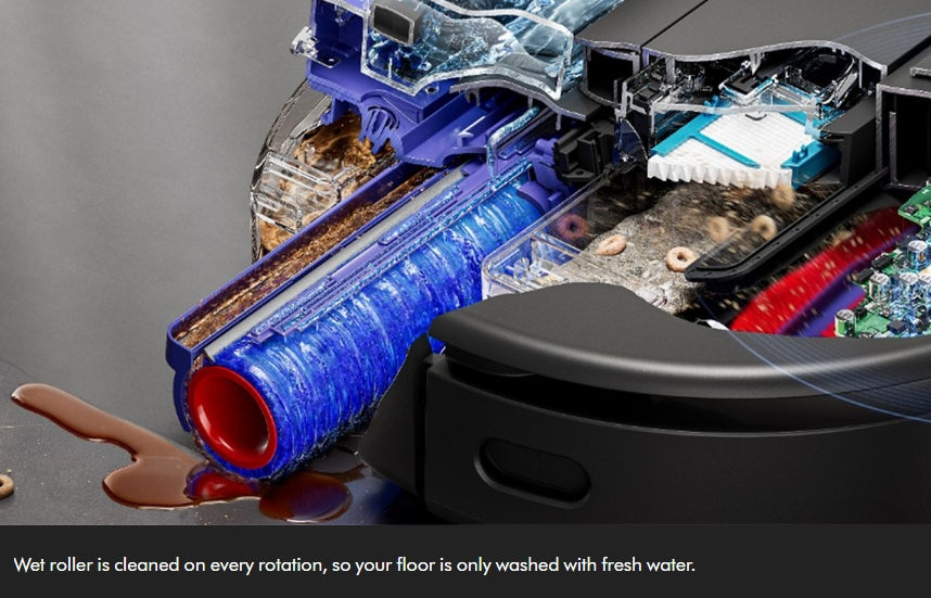 Close-up of a robotic vacuum cleaner with a cutaway view showing internal cleaning components, including a blue wet roller and exposed floor area, on a dark gray background with a text overlay at the bottom.