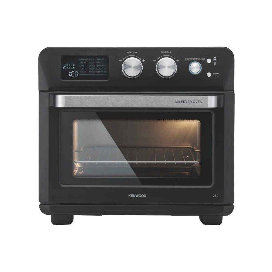 Taghareed Kenwood 25L black 2-in-1 air fryer oven with digital display, cooking a pizza.