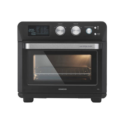 Taghareed Kenwood 25L black 2-in-1 air fryer oven with digital display, cooking a pizza.