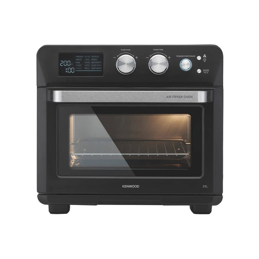 Taghareed Kenwood 25L black 2-in-1 air fryer oven with digital display, cooking a pizza.