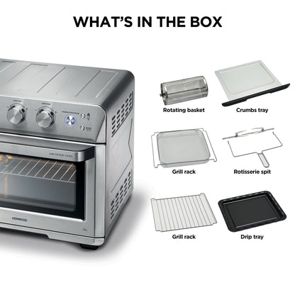 Taghareed Kenwood 25L 1700W stainless steel 2-in-1 air fryer oven with digital display and 15 cooking programs.