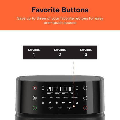 Black kitchen appliance with digital display and favorite buttons on an orange background