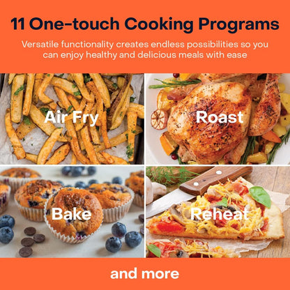 Advertisement for a kitchen appliance with images of cooked foods and text about cooking programs.
