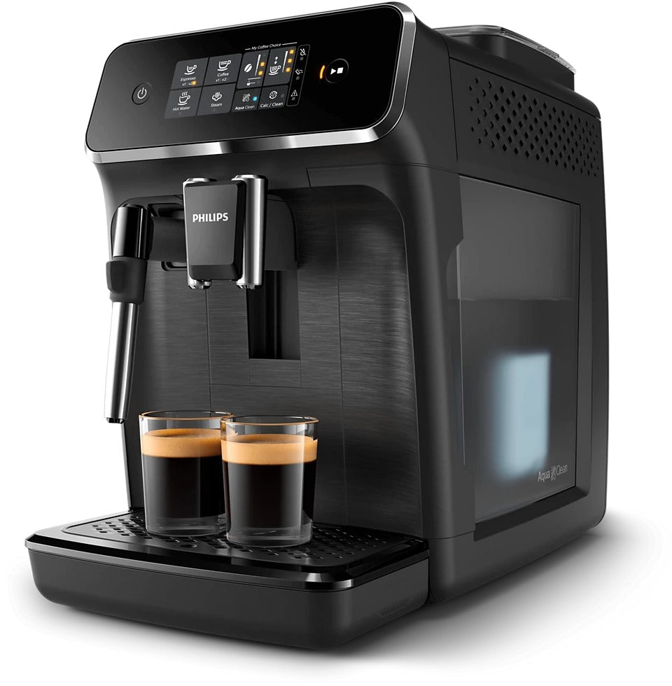 Taghareed Philips 2200 Series fully automatic espresso machine with touch display, brews two coffees, and has a classic milk frother.