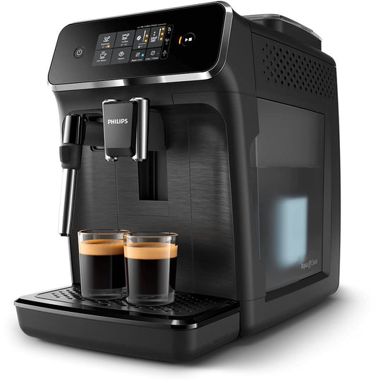 Taghareed Philips 2200 Series fully automatic espresso machine with touch display, brews two coffees, and has a classic milk frother.
