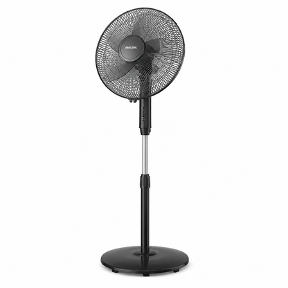 Taghareed Philips Series 600 pedestal fan with 3 speeds, oscillation, and adjustable height in black.