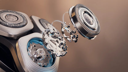 Close-up of a shaver head with gears on a brown background