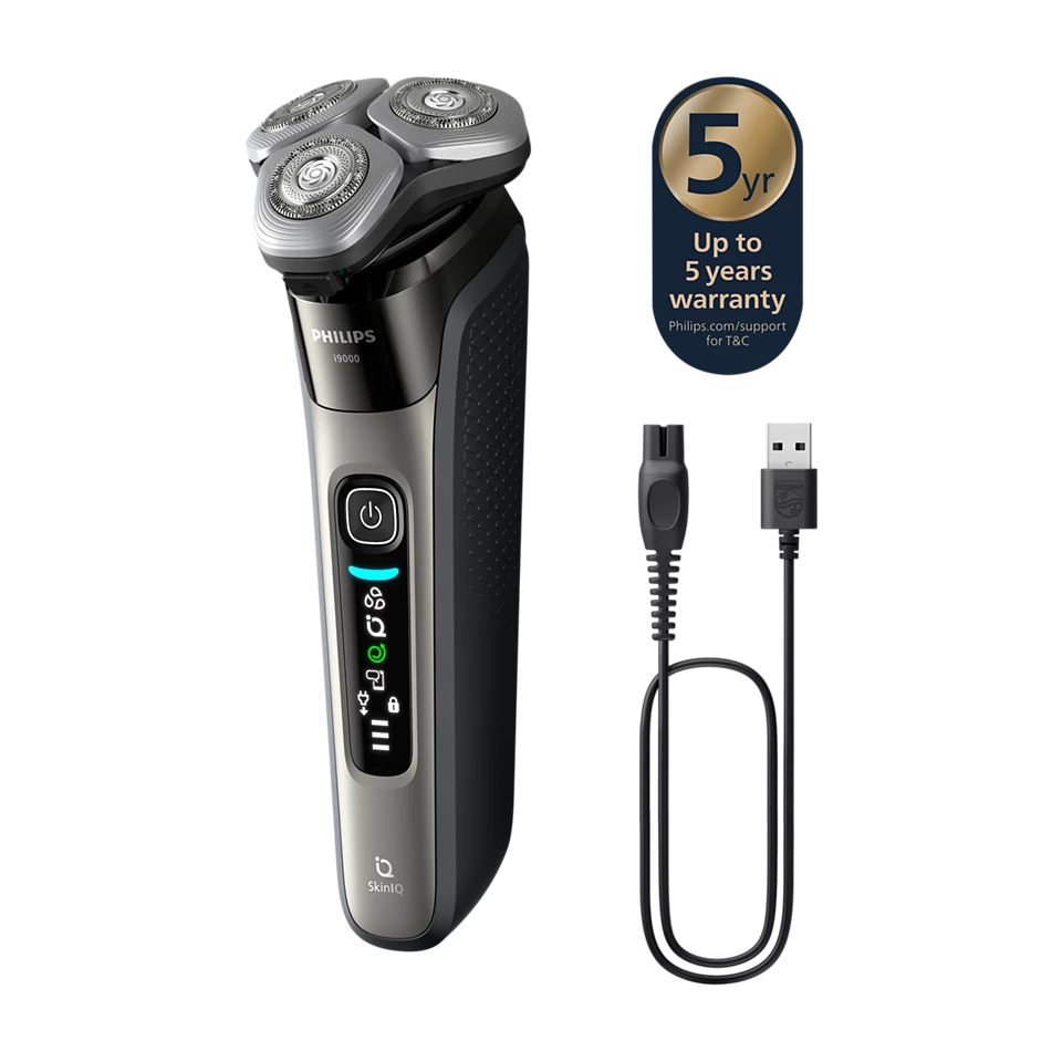 Philips shaver with charging cable and 5-year warranty badge on a white background
