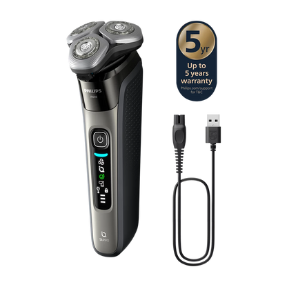 Philips shaver with charging cable and 5-year warranty badge on a white background