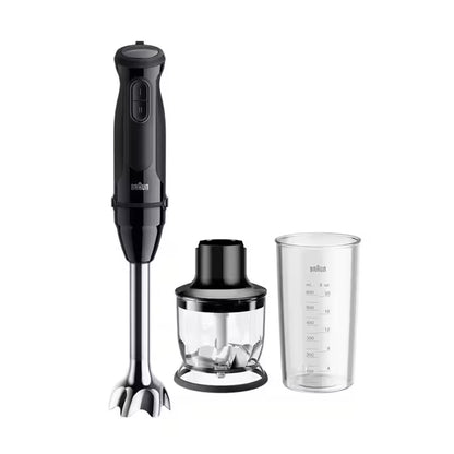 Taghareed Braun MultiQuick 3 hand blender in black with stainless steel shaft, chopper attachment, and measuring cup.