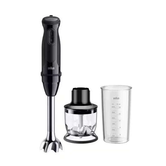 Taghareed Braun MultiQuick 3 hand blender in black with stainless steel shaft, chopper attachment, and measuring cup.