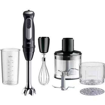 Taghareed Braun MultiQuick 5 Pro hand blender set with whisk, chopper, and measuring cup. Black and silver.
