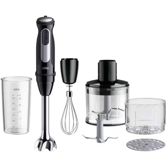 Taghareed Braun MultiQuick 5 Pro hand blender set with whisk, chopper, and measuring cup. Black and silver.