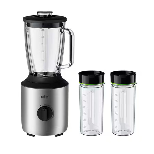 Taghareed Braun PowerBlend 3 jug blender with 1.5L glass jug, 800W motor, TriAction Technology, variable speed, and two 600ml Smoothie2Go bottles.
