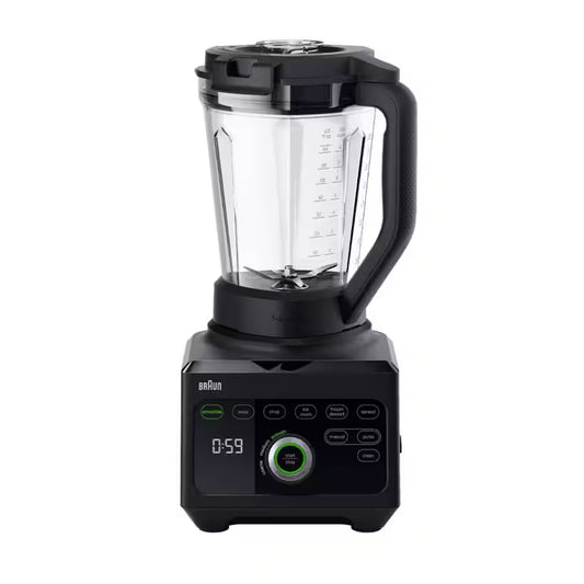 Taghareed Braun PowerBlend 9 JB9040BK black 1600W blender with 3L Tritan jug, digital display, and multiple pre-set programs.