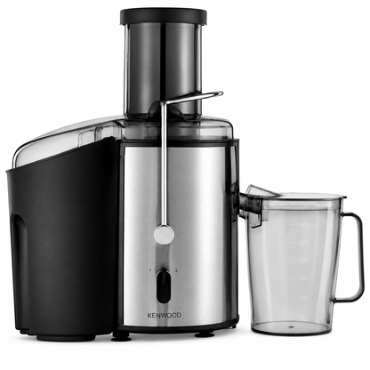 Taghareed Kenwood centrifugal juicer in stainless steel and black, 800W, with a wide chute and juice jug.