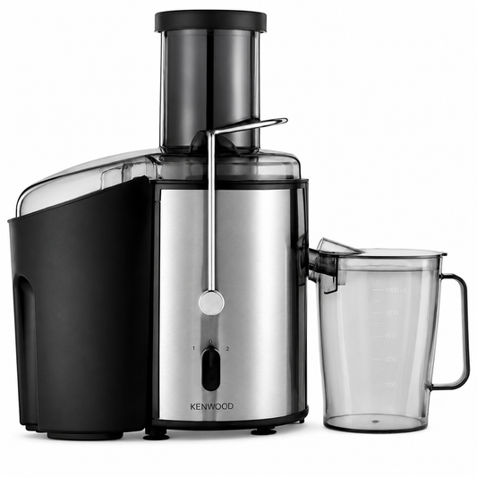 Taghareed Kenwood centrifugal juicer in stainless steel and black, 800W, with a wide chute and juice jug.