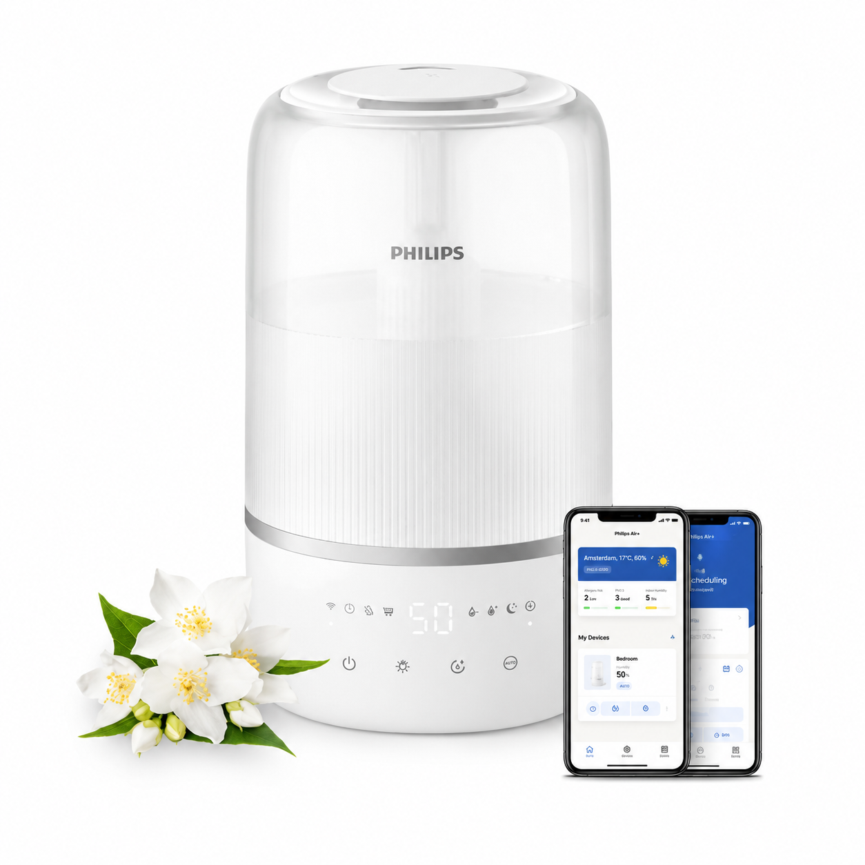 Taghareed Philips 1000 Series HU1509/00 white ultrasonic air humidifier with 3L tank, Sky High Mist, aromatherapy, and sleep mode.