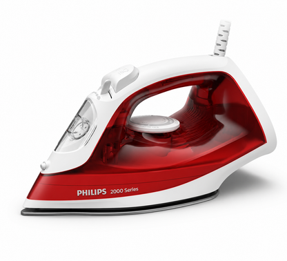 Taghareed Philips 2000 Series steam iron in red and white with a non-stick soleplate and 250ml water tank.