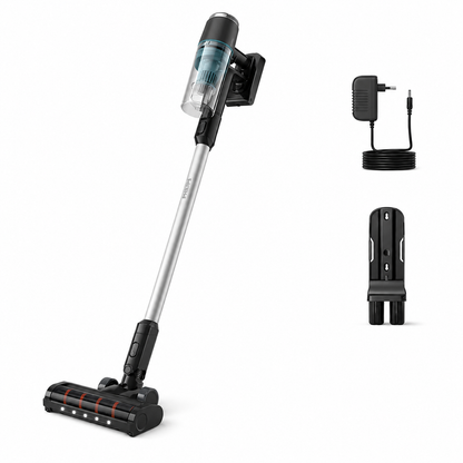 Taghareed Philips 3000 Series Cordless Vacuum XC3031/61, black and silver, with LED nozzle and 25.2V battery.
