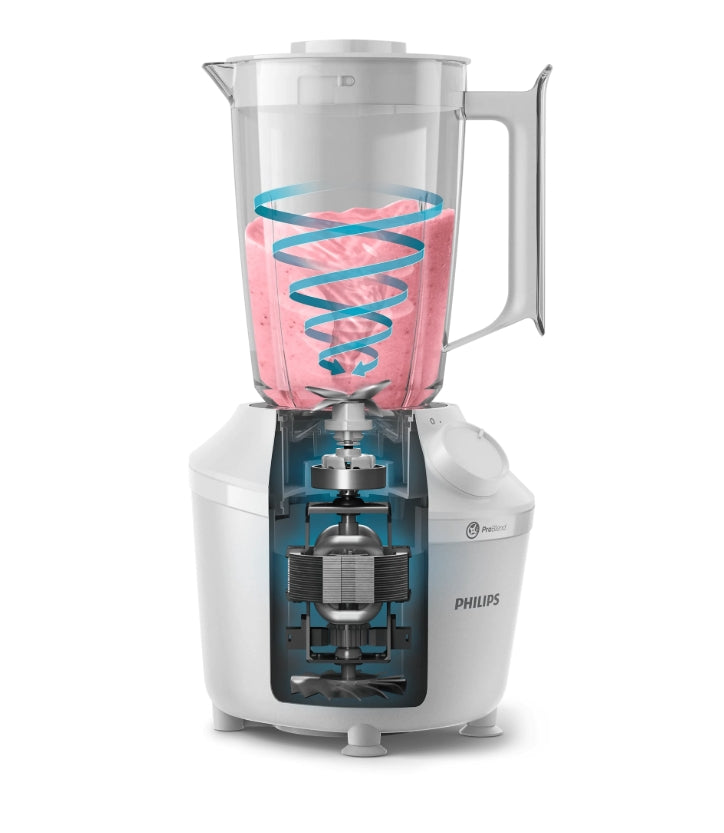 Taghareed Philips 3000 Series white blender with 1.9L jar, 450W motor, ProBlend technology, and stainless steel blades.