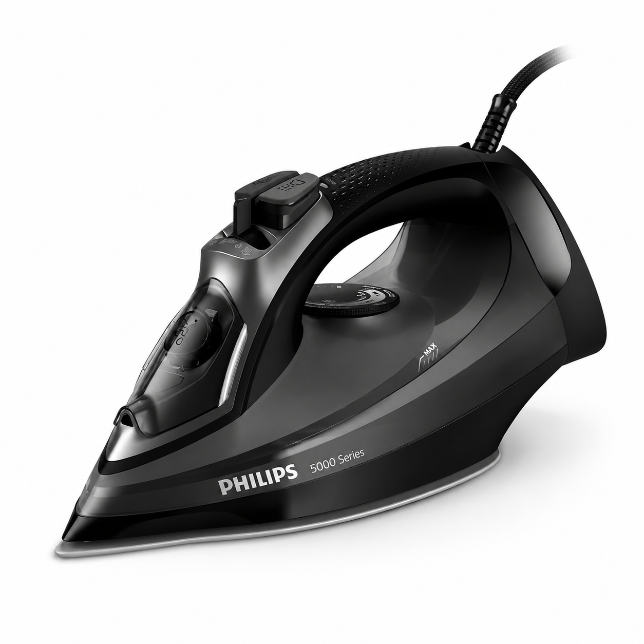 Taghareed Philips 5000 Series black steam iron with SteamGlide Plus soleplate, 2600W, 45g/min continuous steam, 200g steam boost, Drip-Stop, and Calc-Clean.