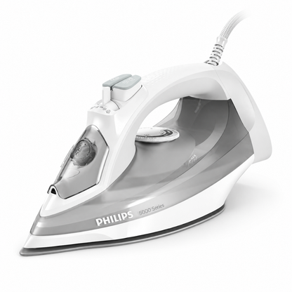 Taghareed Philips 5000 Series steam iron, white and grey, with SteamGlide Plus soleplate and 2400W power.
