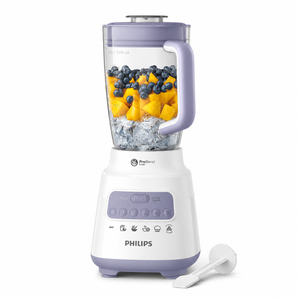 Taghareed Philips 5000 Series white and purple blender with 2L capacity, 700W motor, 5 speeds, and ProBlend Crush technology.